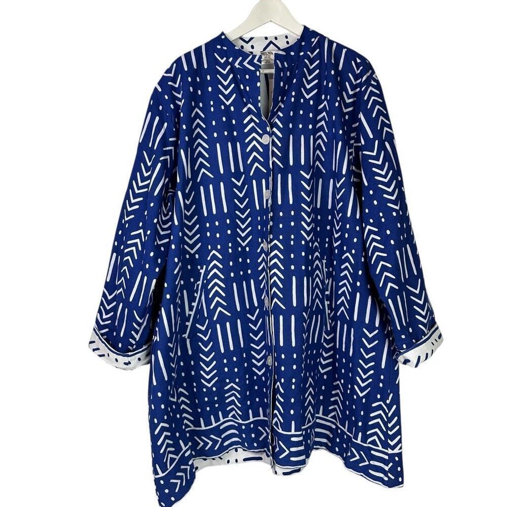 Belma Reversible Blue/White African Inspired Jacket with Pockets Plus Size